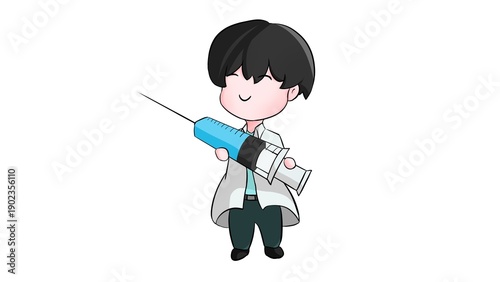 Cute medical cartoon illustration holding a big syringe on a white background