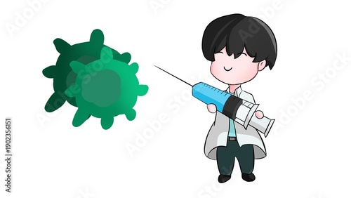 Cute medical cartoon illustration holding a big syringe and virus illustration on a white background.