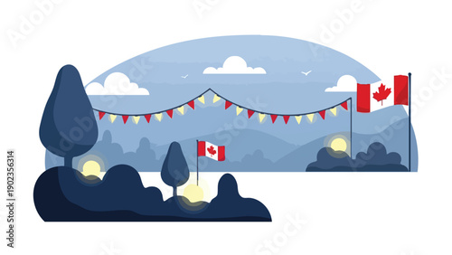 Illustration of a Canadian landscape with flags, bunting, and trees against a mountainous background under a blue sky.