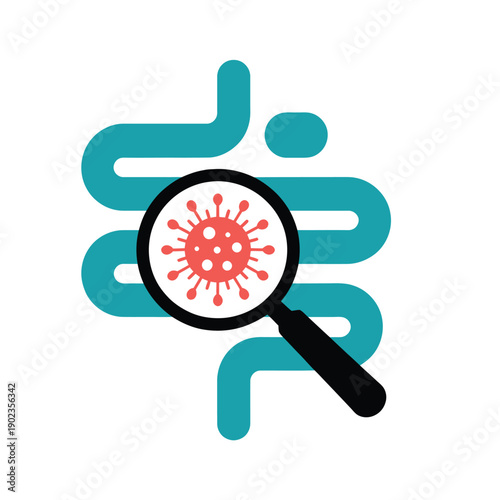 Magnifying glass examining a virus or bacteria within the human intestines, representing gut health and microbiology research.