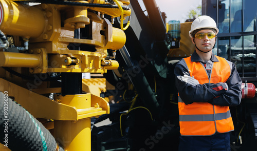 Tableau sur toile Confident male construction worker in safety gear standing by heavy rig drilling