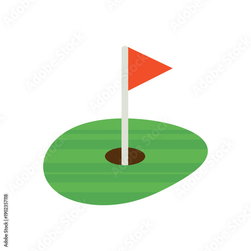Red flagstick marks hole on green golf course illustration with minimal design