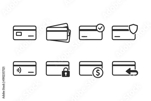 Collection of credit card icons representing various financial transactions and security features