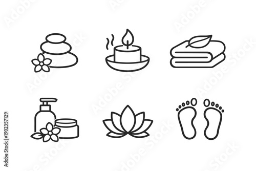 Collection of spa and wellness icons including stones, candle, towels, lotion, lotus and feet