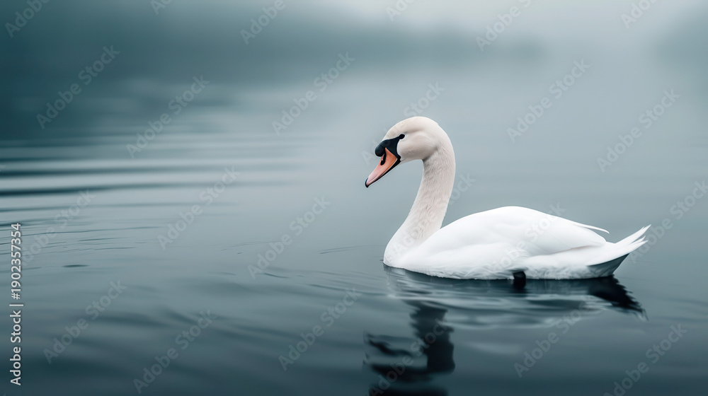 Fototapeta premium A swan is swimming in a body of water