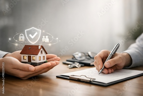 A person holds a small house model in one hand while the other person writes on a notepad. The scene takes place in an office with a desk and glasses nearby
