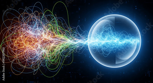 A vibrant and dynamic illustration of colorful energy lines connecting to a glowing blue sphere
