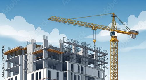Construction site with a tall crane building a modern high-rise representing urban development and industry under a blue sky with clouds