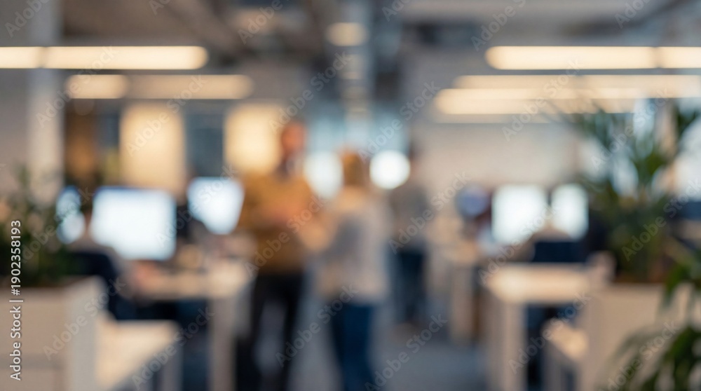 Fototapeta premium Blurred contemporary office interior with diverse employees collaborating in a modern corporate workspace setting during daylight hours