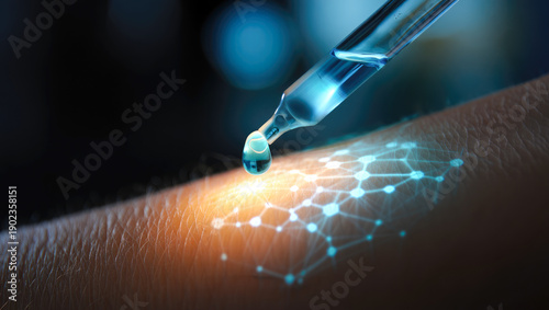 Futuristic dropper applying liquid on skin with digital interface, biotechnology in dermatology, innovative skincare product demonstration, beauty product promotion, rejuvenation, glow up