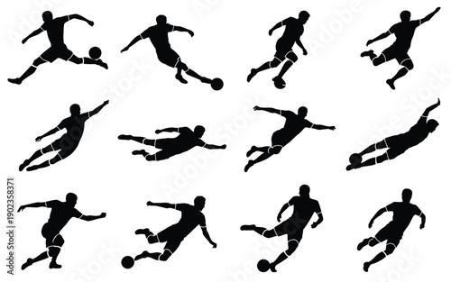 Collection of black silhouettes of soccer players in various dynamic poses kicking and dribbling a ball on white background for sports design