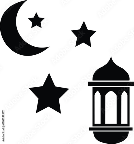 Black silhouette of a mosque with crescent moon and stars