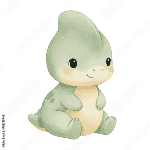 Cute Baby Parasaurolophus Dinosaur Watercolor Illustration.