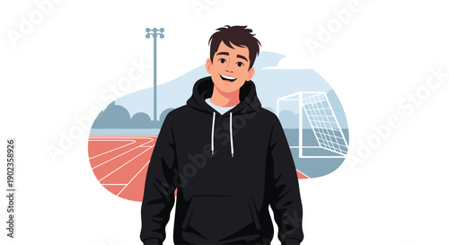 Young Man in Black Hoodie Standing in Front of Athletic Running Track and Field