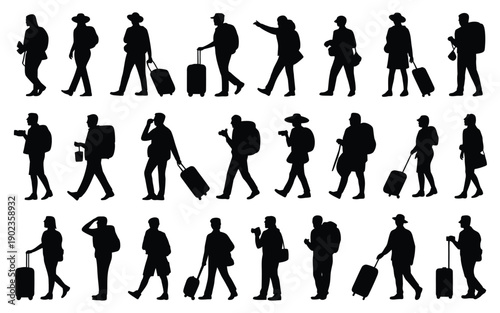 Silhouettes of travelers walking with luggage suitcases and backpacks in various poses and directions on white background
