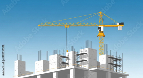 Yellow tower crane operating on a modern high-rise building construction site industrial development and urban infrastructure concept 3D illustration