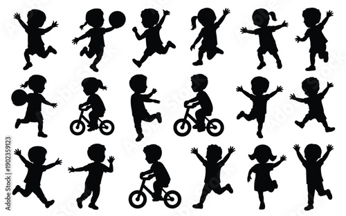Collection of joyful children playing sports and riding bicycles in various dynamic poses black silhouettes on white background