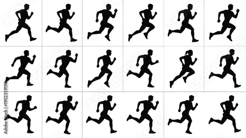 Collection of black silhouettes of runners in various poses showcasing different running styles and movements on white background for design and animation use