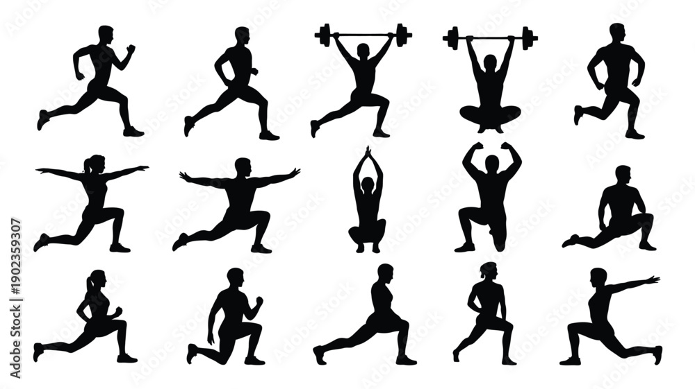 Fototapeta premium Collection of black silhouette icons depicting various fitness exercises and yoga poses on white background for healthy lifestyle and workout routine concepts