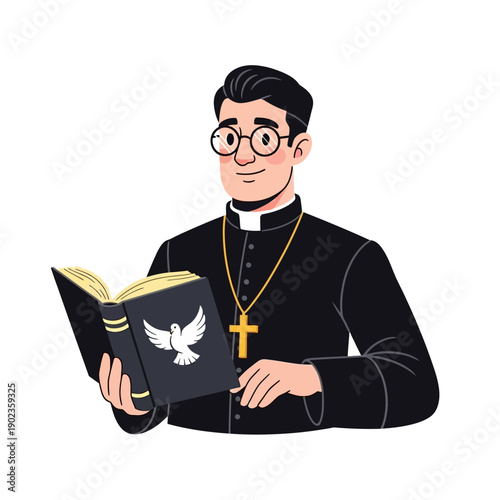 Illustration of a Catholic priest in cassock holding an open bible with dove symbol