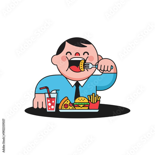 Man in Suit Eating Burger, Fries, Pizza and Soda - Vector Illustration