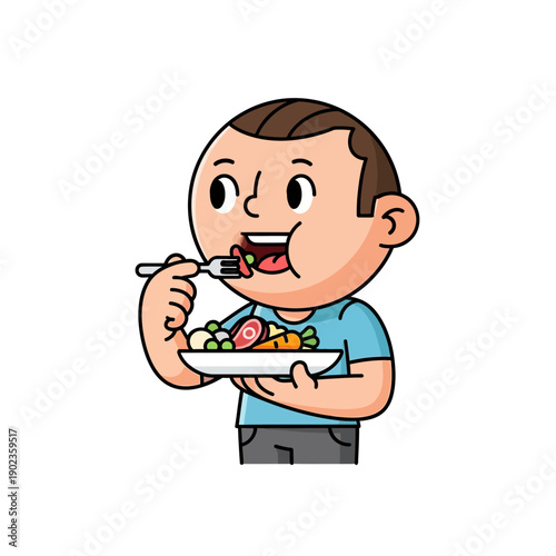 Cartoon boy happily eating a healthy meal with fork and plate