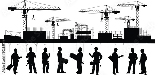 WebVector Silhouette Set of Construction Workers Engineers and Architects with Tower Cranes on Building Site Background for Industrial Project Development and Civil Engineering Design