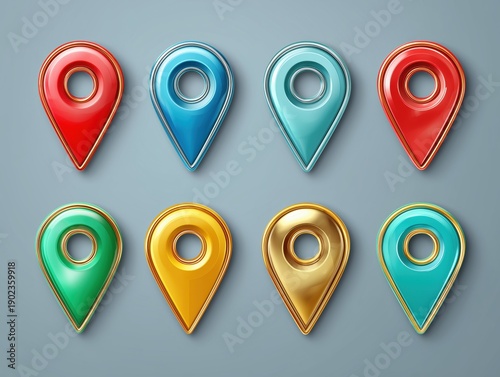 Free Download Set of colorful glossy location pins in red, blue, turquoise, green, gold, and yellow arranged in two rows on a gray background for digital mapping applications - GFXLoad