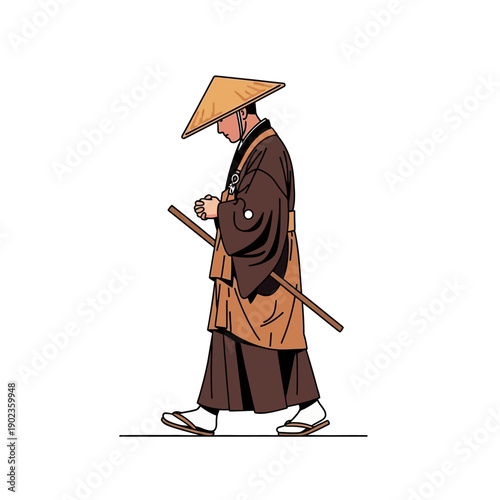 Japanese Monk Walking with Prayer and Staff