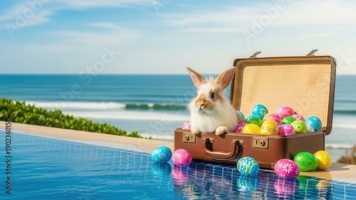 adorable fluffy bunny rabbit sits in a suitcase filled with colorful easter eggs by an infinity pool overlooking the ocean
