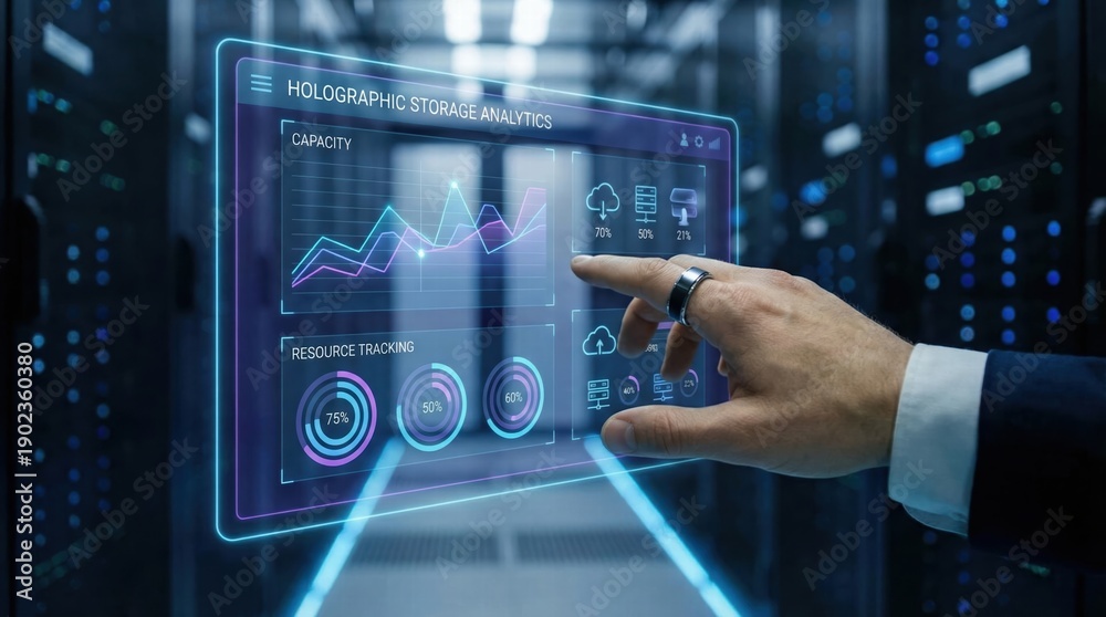Fototapeta premium Innovative holographic storage analytics data center digital visualization tech environment close-up view futuristic concept for optimization