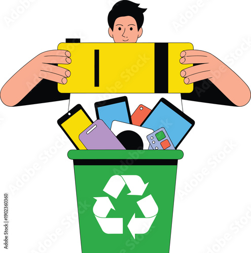 Electronic Waste Recycling Illustration With Young Man Disposing Old Gadgets Responsibly