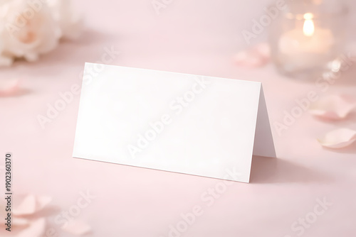 Pink rose and gift box with blank card on wooden background for message or announcement design