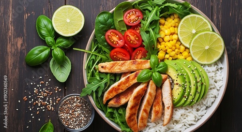 Healthy grilled chicken salad bowl with fresh vegetables and avocado