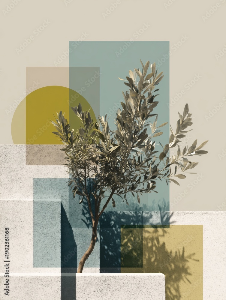 Fototapeta premium Minimalist composition featuring a green olive tree against a backdrop of geometric shapes in muted colors, creating a modern artistic aesthetic