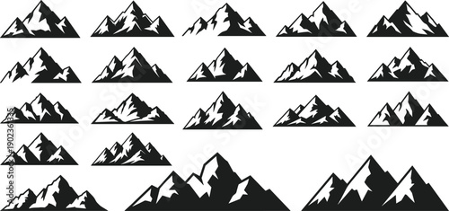 Collection of mountain peak silhouettes in various alpine landscape shapes isolated on gray background, nature travel illustration set for design