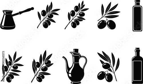 Collection of olive oil bottle and olive branch silhouettes isolated on gray background, Mediterranean food ingredient illustration set for design