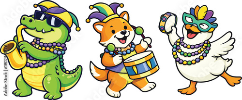Mardi Gras Animals Playing Music and Dancing Celebration
