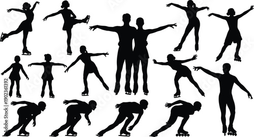 Collection of roller skating silhouettes in dynamic poses isolated on gray background, recreational sport activity illustration set for design