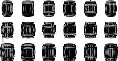 Collection of vintage wooden barrels silhouettes isolated on gray background, rustic storage casks illustration set for brewing, winery, and distillery design