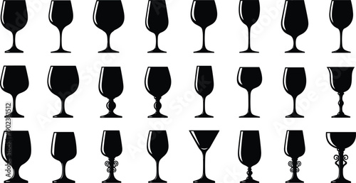 Collection of wine glass silhouettes in various shapes isolated on gray background, bar drinkware illustration set for restaurant design
