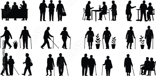 WebVector Silhouette Set of Elderly People Senior Citizens and Pensioners Walking with Canes Sitting and Talking Together for Healthcare Retirement and Nursing Home Design