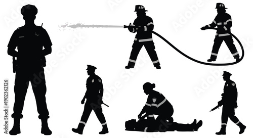 Emergency responders in action with silhouettes of firefighters and police officers