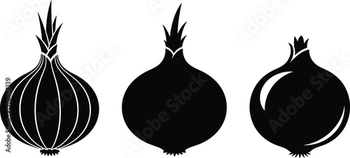 Simple Black and White Vector Illustration of Three Onion Varieties Including Whole Bulb and Silhouettes for Cooking Food Grocery and Agricultural Design Themes.