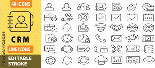 CRM Line Icons – Customer Relationship Management, Sales, Marketing, Analytics & Support Vector Set