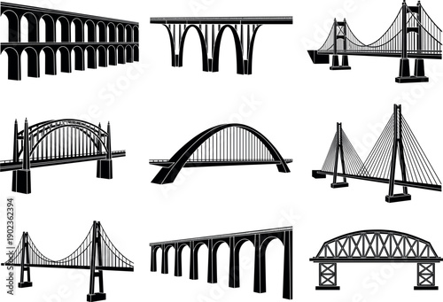 Extensive Collection of Black Bridge Silhouettes Featuring Suspension Arch Viaduct and Cable Stayed Designs for Engineering Infrastructure and Urban Transportation Projects