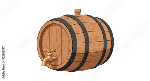 Traditional Wooden Wine or Beer Barrel with Black Metal Bands and Brass Tap