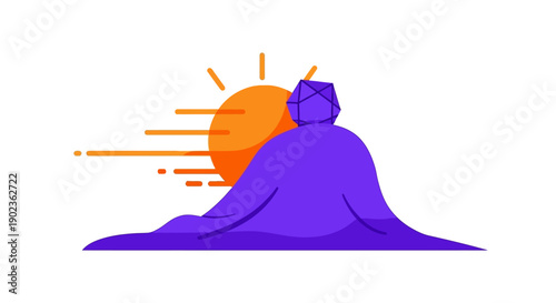 Abstract Spiritual Figure with Geometric Crystal and Sunrise Energy. Minimalist flat vector illustration for technology, crypto, or hidden potential.