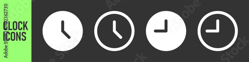 Set of minimalist flat clock icons in solid and outline styles, ideal for web, UI UX design, and business applications.