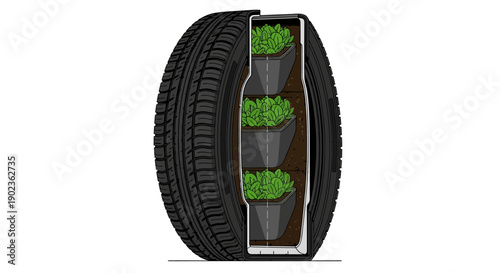 Vertical Gardening System in a Recycled Tire Cross-Section Diagram. Sustainable Upcycling for Urban Agriculture and DIY Planters Illustration.